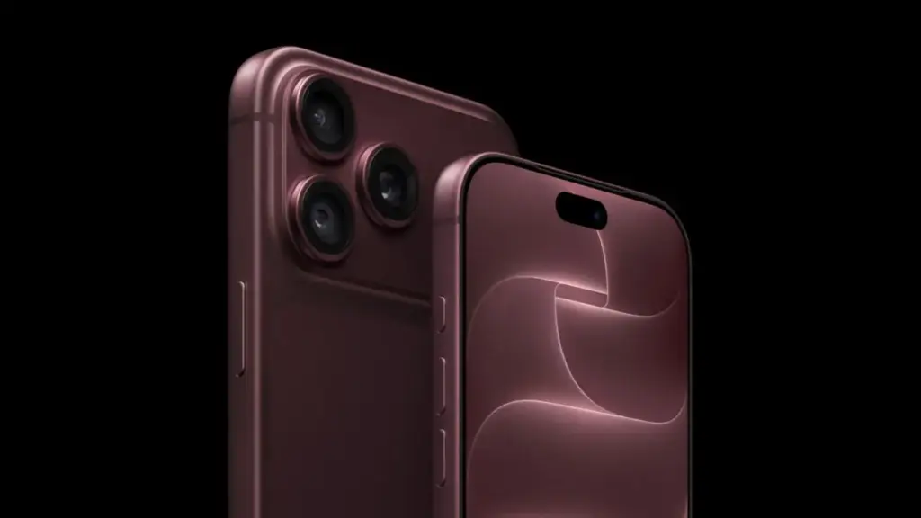 iPhone 18 Pro warna burgundy, tampak belakang kamera dan tampak depan.