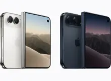 iPhone Duo warna Star White dan Night Sky, posisi tertutup dan terbuka