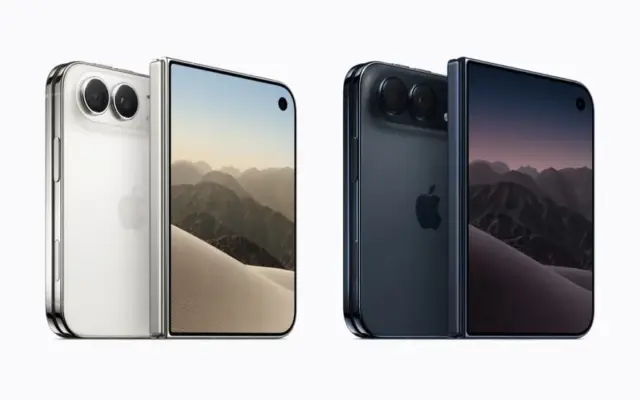iPhone Duo warna Star White dan Night Sky, posisi tertutup dan terbuka