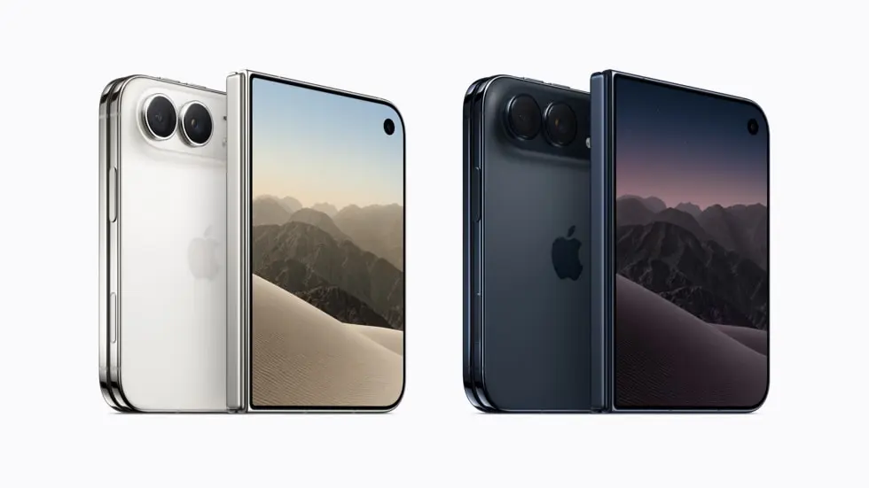 iPhone Duo warna Star White dan Night Sky, posisi tertutup dan terbuka