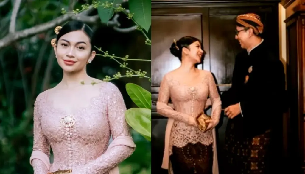 Ariel Tatum berkebaya pink berbicara dengan tamu pria berbusana Jawa di resepsi Pura Mangkunegaran